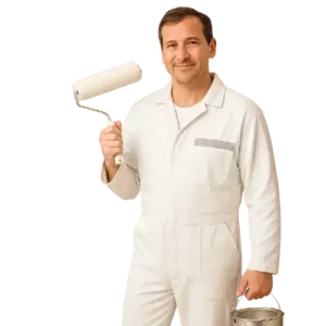 Pintor en Roquetas de Mar profesional con mono blanco y rodillo de pintura