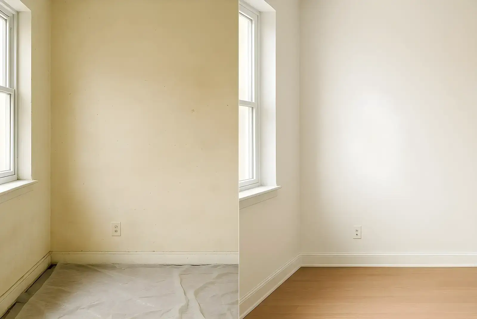 Antes y después de pintura interior en salón, trabajo de Pintores en Roquetas de Mar con paredes renovadas