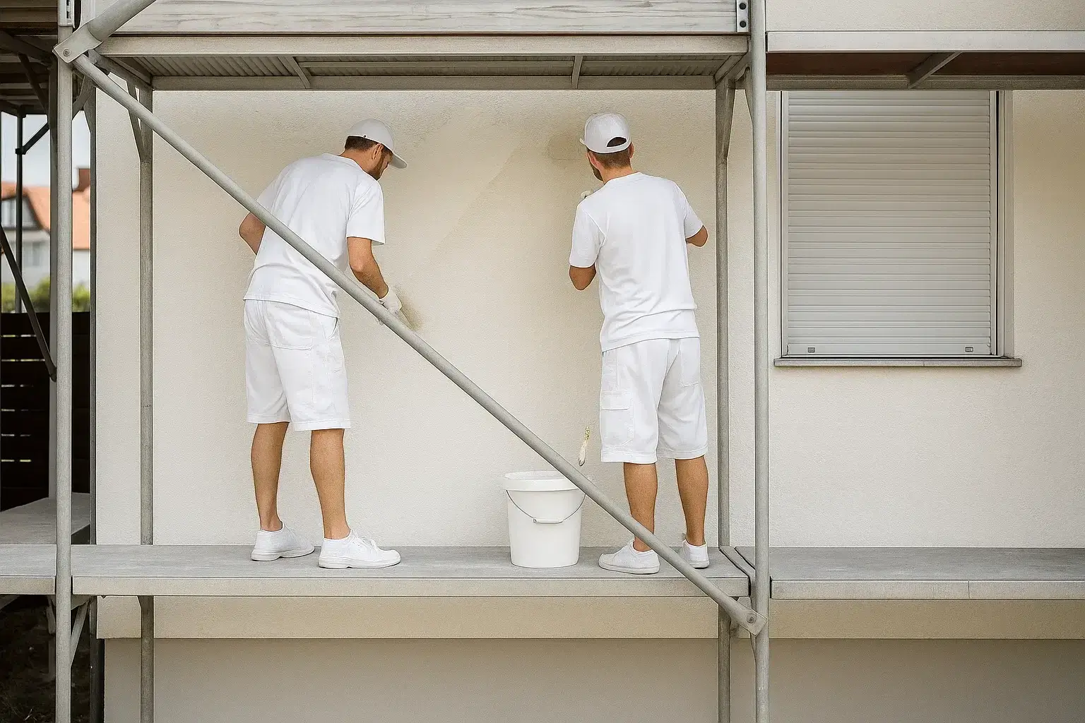 Pintores en Roquetas de Mar aplicando pintura exterior de alta calidad en fachada de vivienda