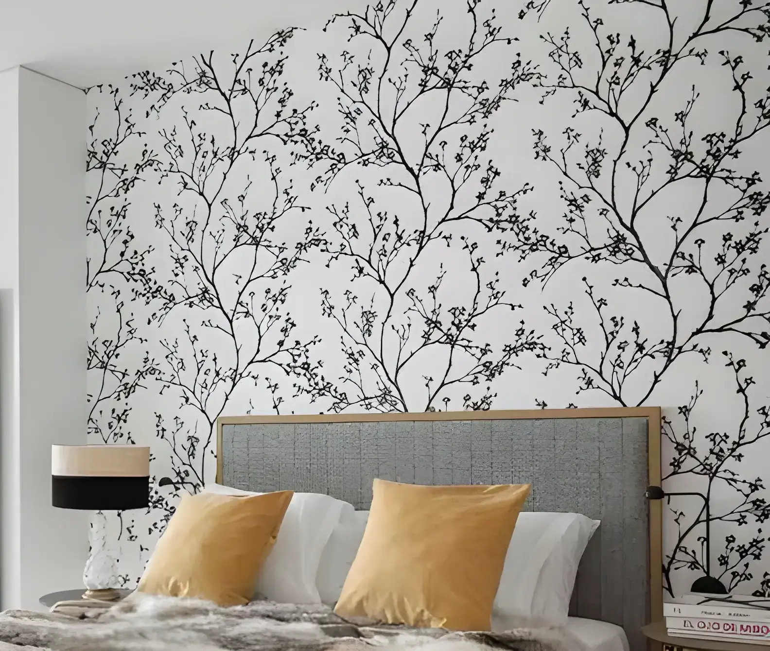 Pintores en Roquetas de Mar instalando papel pintado de ramas en cabecero de dormitorio moderno